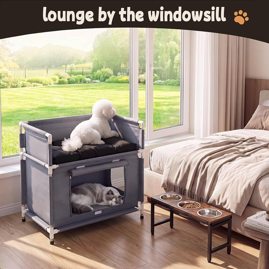 Dog Bunk Bed, Bedside Double-Layer Pet Bed for 2 Dogs
