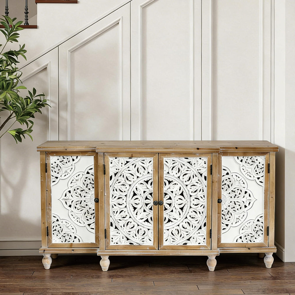 63" Solid Wood Sideboard Buffet Cabinet with Storage, Carved Credenza