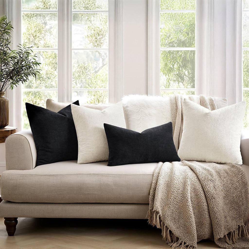Black Chenille Couch Lumbar Throw Pillow Covers, 12x20