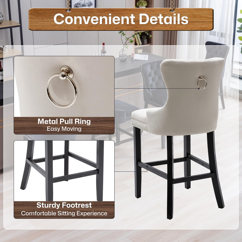 Bar Stools Set of 4, Velvet 26" Kitchen Island Stools, Button Tufted, Beige