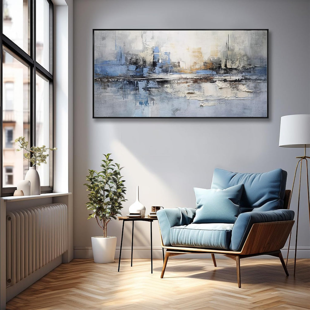 Abstract Wall Art Blue and White Reflection Large Size Framed Artwork Wall Decor Canvas Painting Stretched Canvas