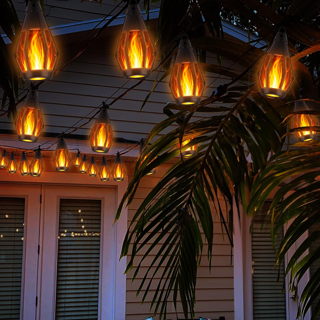 Solar Flame String Lights, 42FT 15 LED Bulbs Waterproof, Warm White