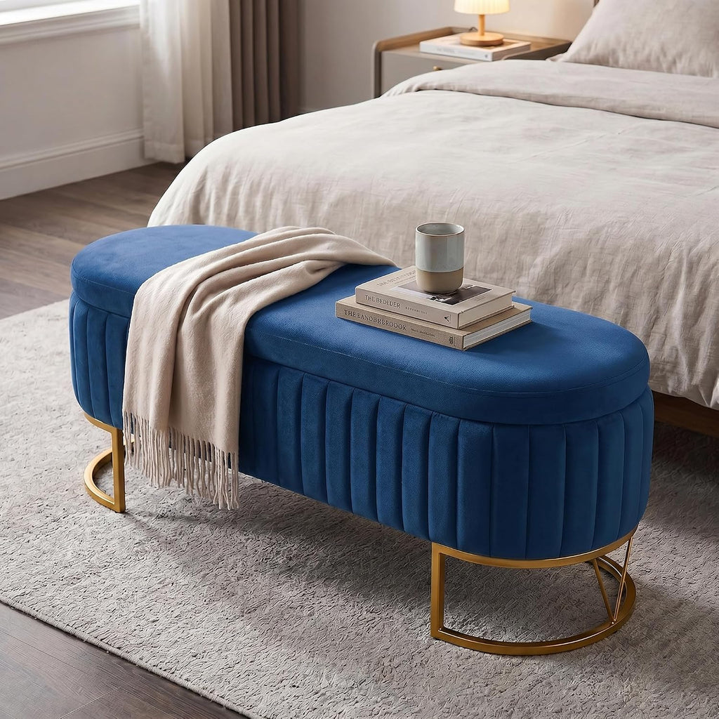 Storage Bench Bedroom Bench, Velvet Oval Upholstered End of Bed Bench with Golden Metal Legs, 46" Modern Storage