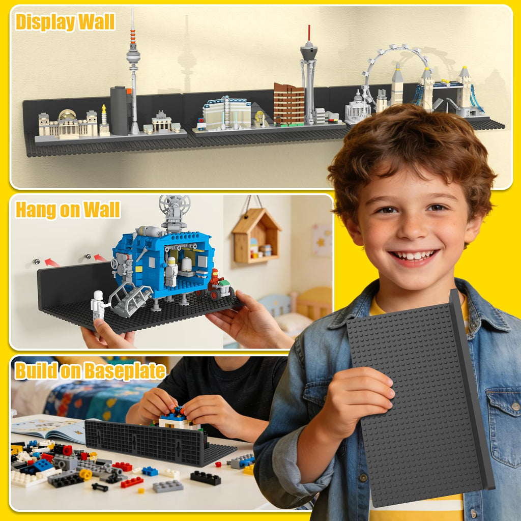 4-Pack Floating Shelves for Wall Compatible with Lego Bricks, Black