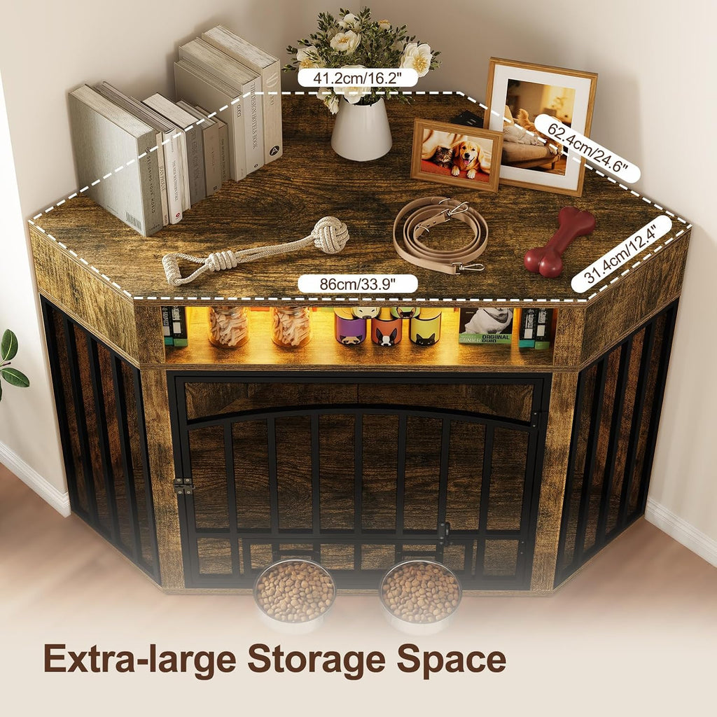 Corner Dog Crate Furniture with 2 Swivel Bowls