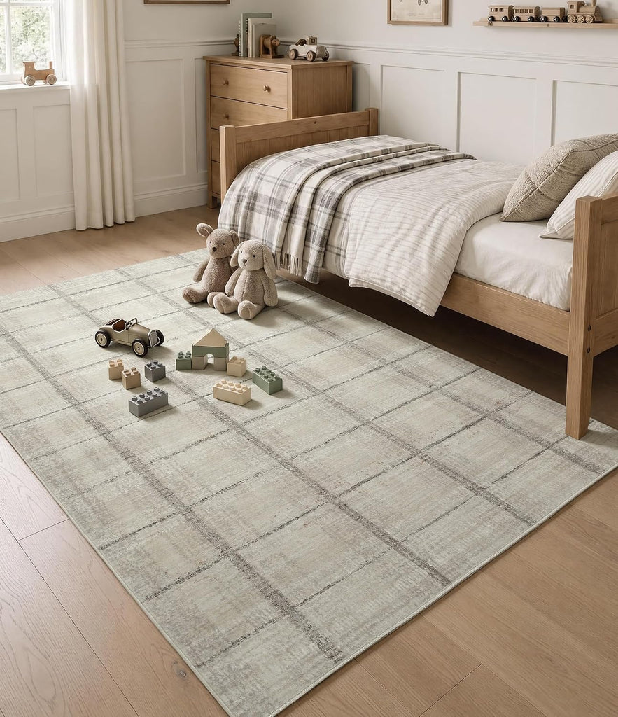 Beige Grey Distressed Plaid Area Rug