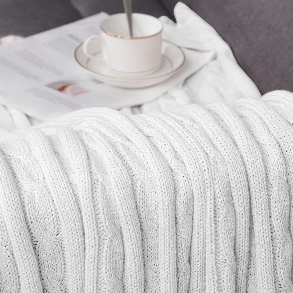 100% Cotton Throw Blanket, Cable Knitted White 50x60