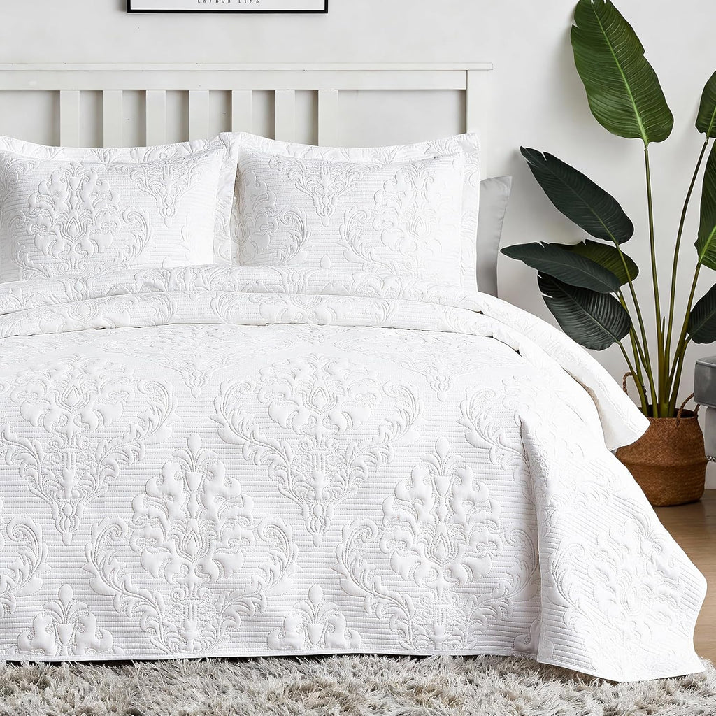 White Quilt Queen - Ultrasonic Summer Bedspread Queen, Soft Lightweight Coverlet Bedding Set, 3 Pieces (1 Quilt, 2