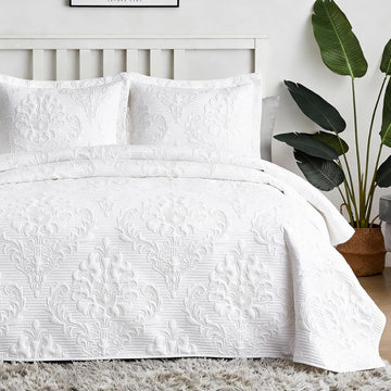 White Quilt - Ultrasonic Summer Bedspread, Soft Lightweight Coverlet Bedding Set, 3 Pieces (1 Quilt, 2