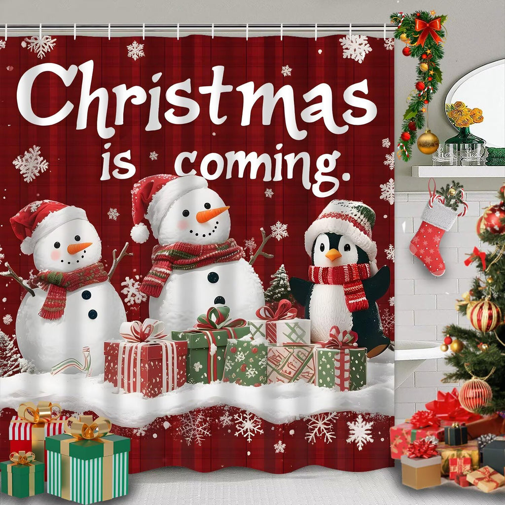 4Pcs Christmas Cute Snowman Set with Non-Slip Rug Toilet Lid Cover and Bath Mat with 12 Hooks Red Buffalo Check Plaid