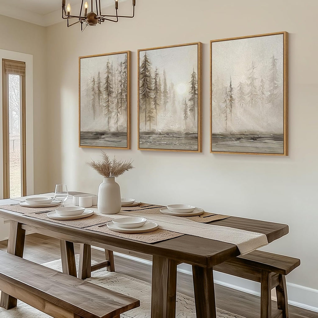 Large Framed Neutral Abstract Landscape Set of 3 Living Room Wall Art, Modern Misty Pine Forest Canvas Artwork for