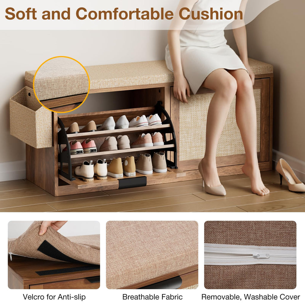 40'' Shoe Storage Bench, Entryway Bench with Shoe Storage & 2 Flip Drawer & Seat Cushion, Rattan Hidden Shoe Rack