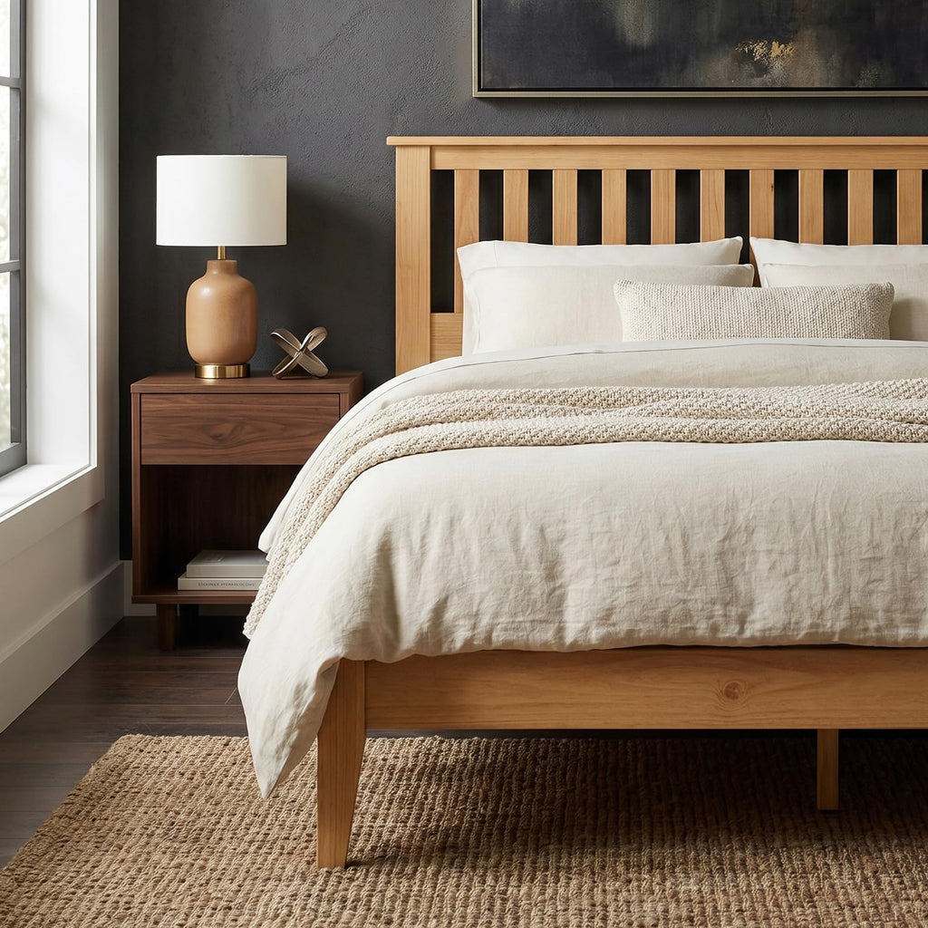 Wood Platform Bed - Pine, Queen, Bed & Mission-Style Headboard
