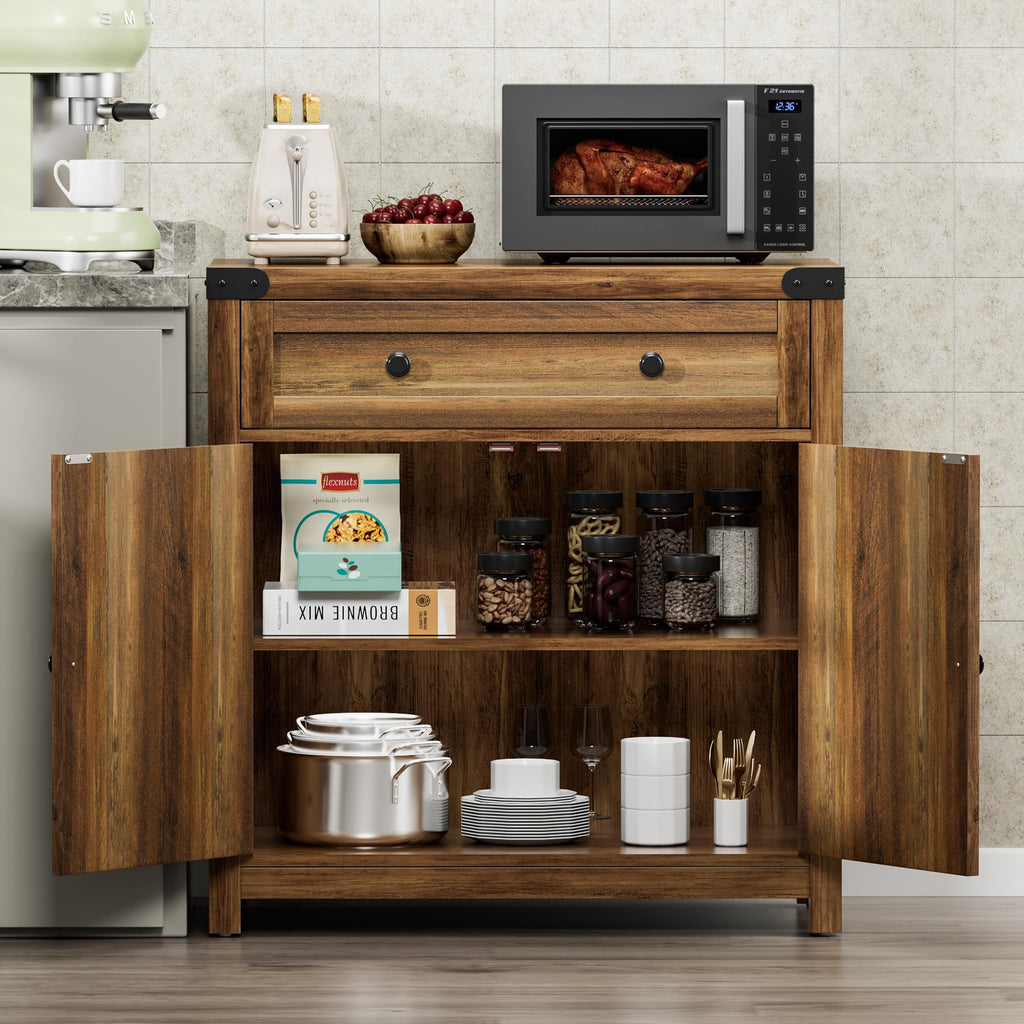 Farmhouse Coffee Bar and Accent Cabinet with Barn Doors, Brown