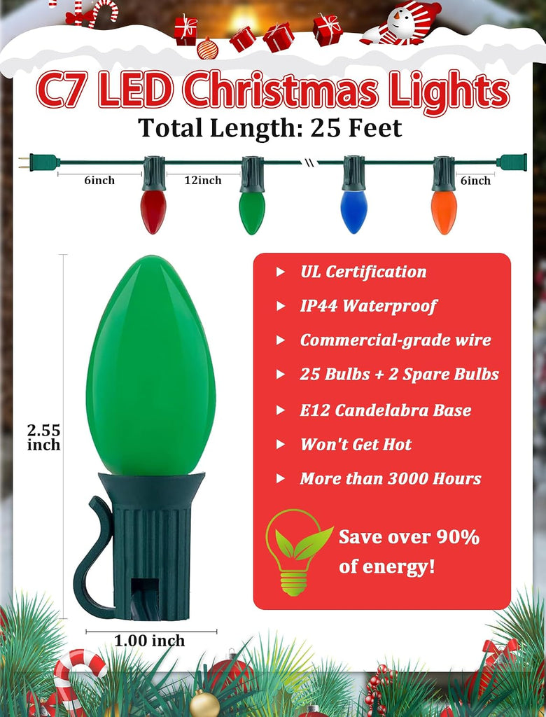 C7 LED Christmas String Lights 25FT, Vintage String Lights with 27 Multicolor Ceramic LED Bulbs, Outdoor Hanging