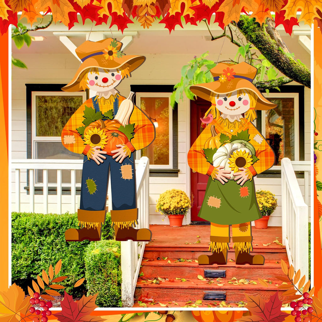 2 Pcs Thanksgiving Scarecrow Door Decor, Fall Welcome Hanging Sign