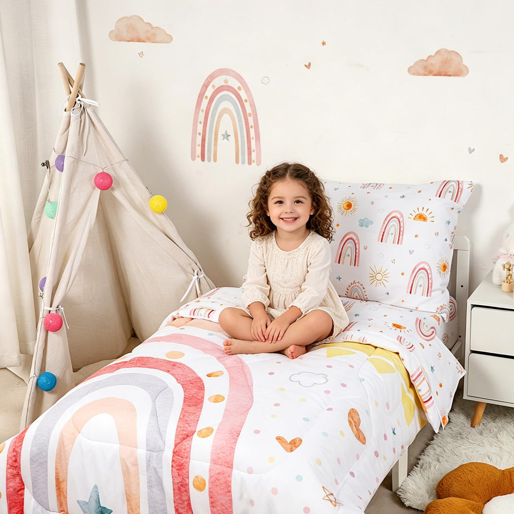 Toddler Bedding Set for Girls 4 Piece Pink Rainbow Toddler Girl Bedding Set Super Soft & Lightweight Toddler