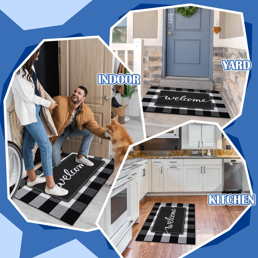 2 Pcs Layered Welcome Doormat, Black and White Buffalo Plaid Rug Set