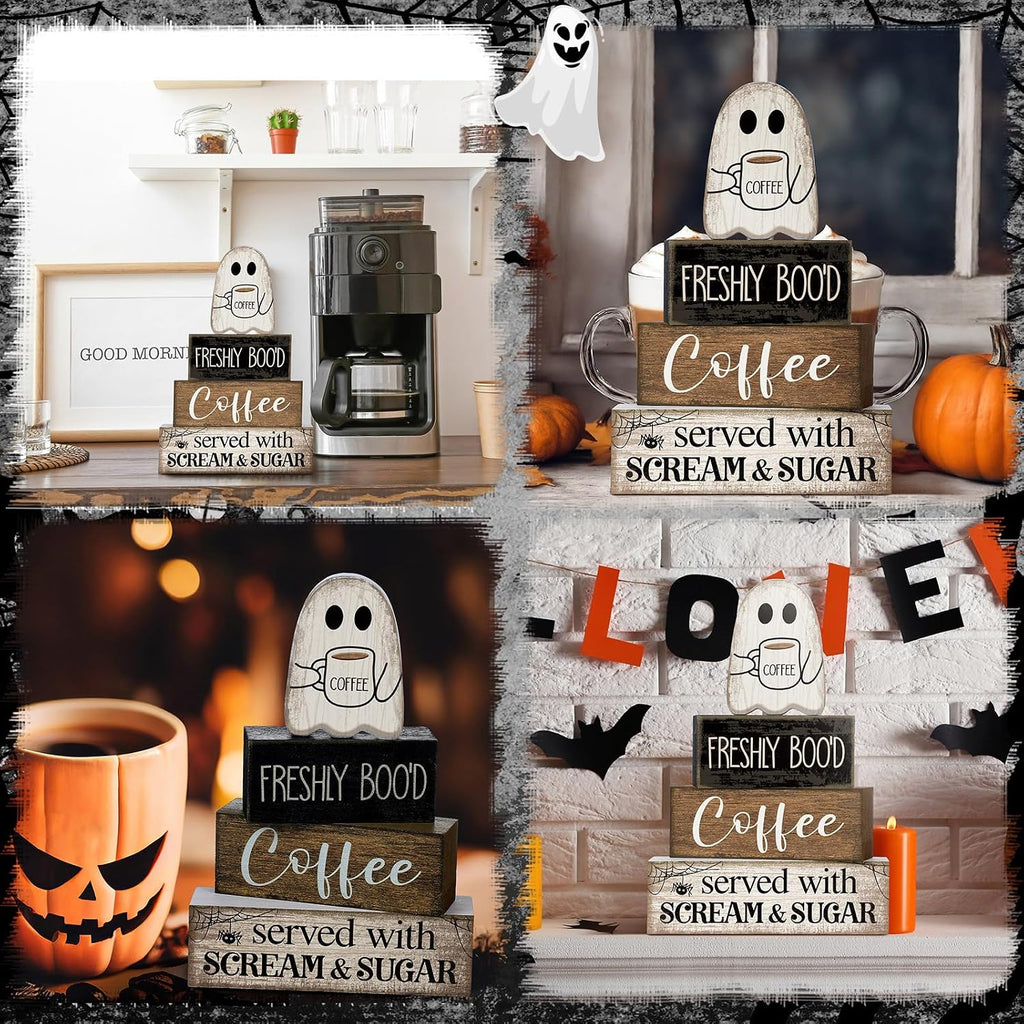 Halloween Coffee Table Decor Wooden Ghost Coffee Bar Sign - Set of 4