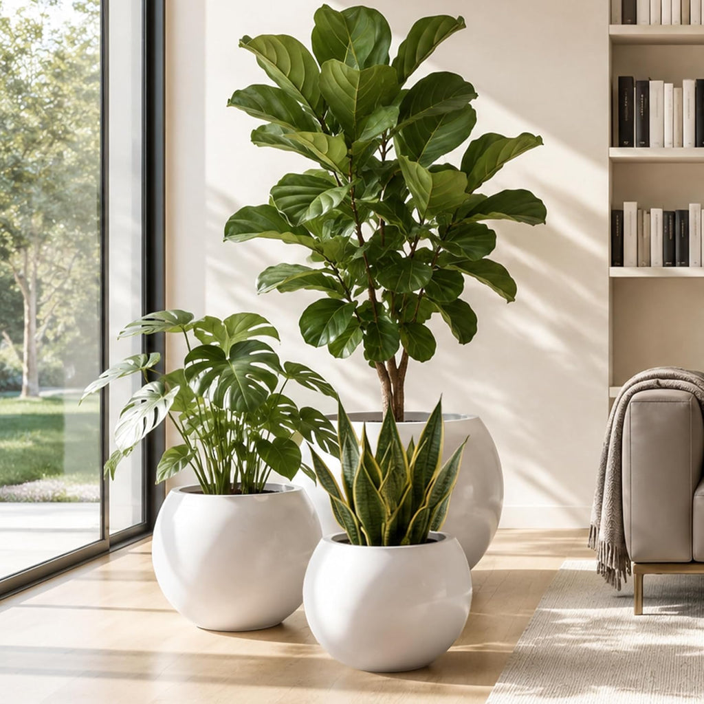 17" H x 21" Dia White Fiberstone Planter Pot with Drainage Hole, Extra Large Round Indoor Outdoor Flower Pot for