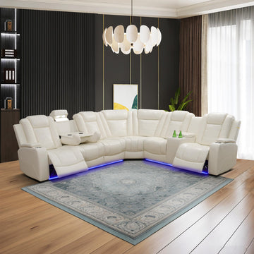 Power Recliner Sectional Sofa Set, Creamy Leather Sectional Couch, L Shape Reclining Sofa with Cup Holder, Hidden