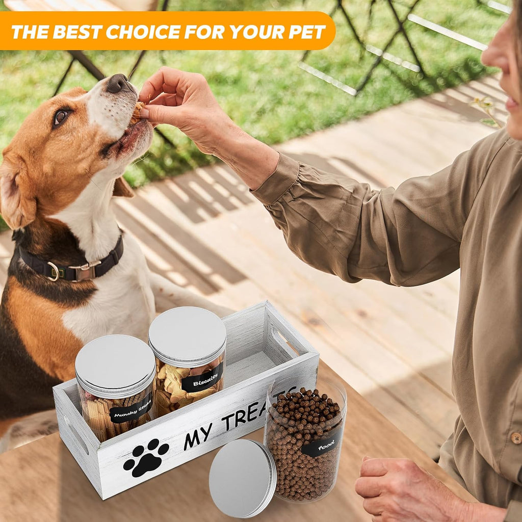 Dog Treat Container for Countertop - Dog Food Storage with 3 Jars - Pet Food Organizer For Puppy - Airtight White