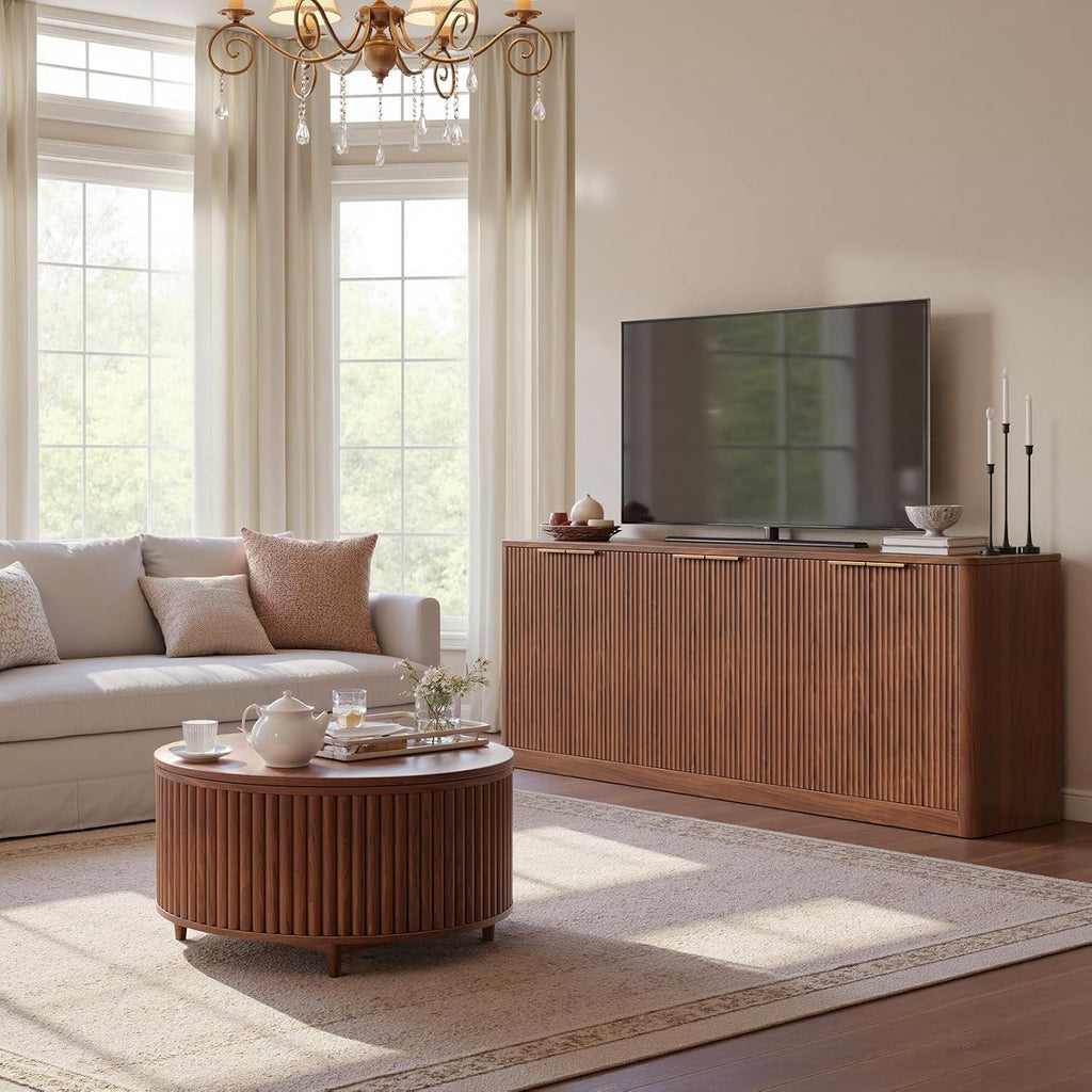 67" Walnut Fluted TV Stand for TVs up tp 75", Mid-Century Modern Entertainment Center with Storage Cabinets and