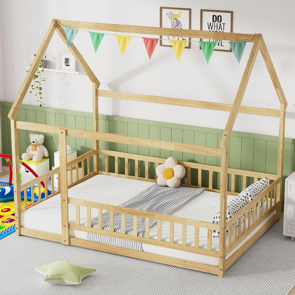Toddler Floor Bed with Roof and Fence, Natural