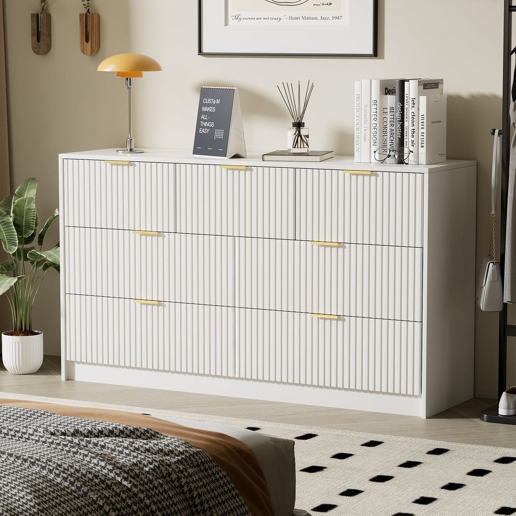 White 7 Drawer, 55.1" Wide Fluted Wood