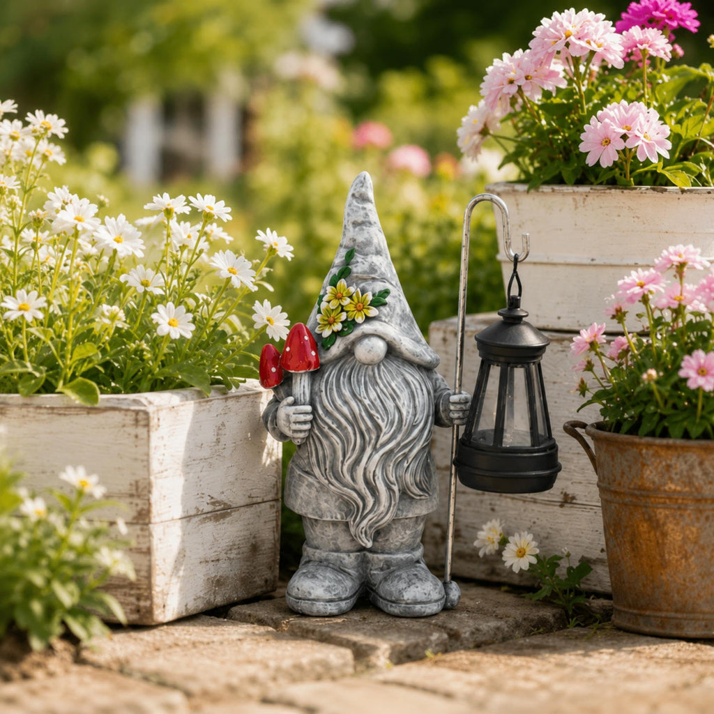 Garden Gnome Statue with Lantern: Outdoor Waterproof Sculpture