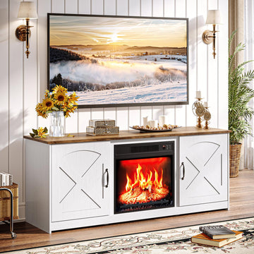 TV Stand with Fireplace and Barn Door for TVs up to 65", White