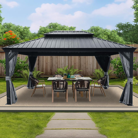 Alexander 12' x 16' Hardtop Gazebo, Aluminum Frame with Galvanized Steel Double Roof, Outdoor Permanent Pavilion with Curtains and Netting for Patio, Backyard, Deck, Lawn (Gray)