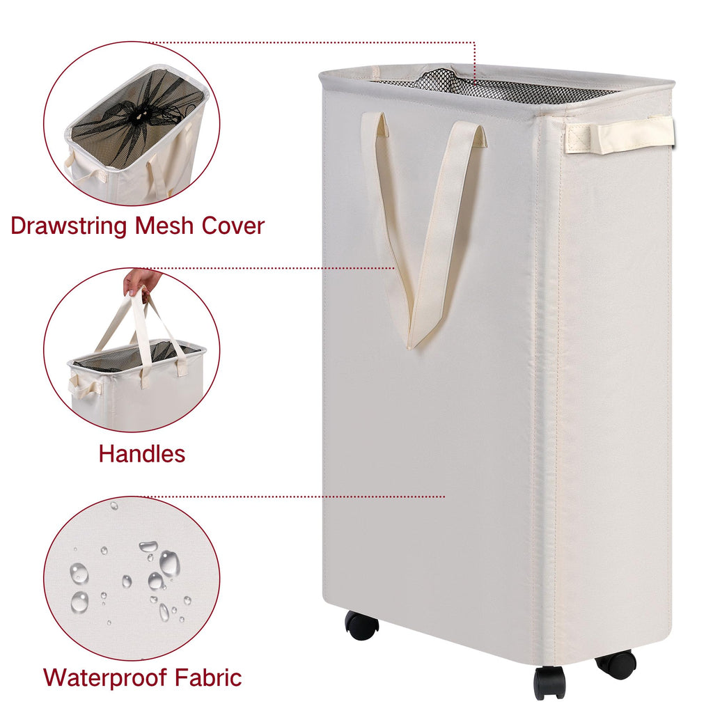 Slim Laundry Hamper with Wheels, Rolling Laundry Basket for Clothes, Small Laundry Basket and Laundry Room, 60L Beige