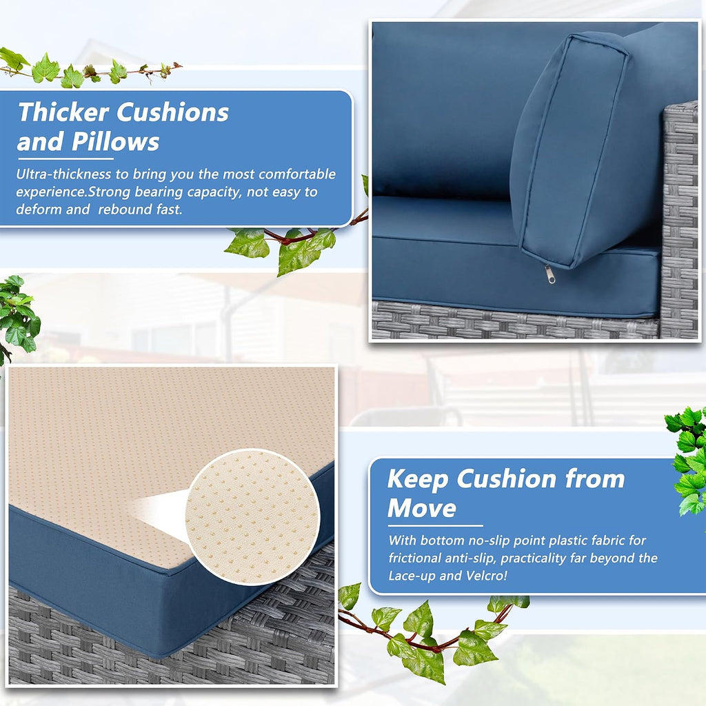 5 Piece Outdoor Sectional Sofa Set, All-Weather Wicker Rattan Patio Conversation Set - Gray & Aegean Blue