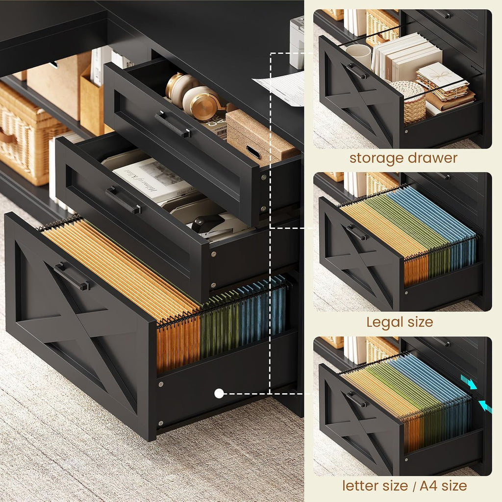 61" Farmhouse L Shaped Gaming Desk with Drawers, Bookshelf Storage | Computer Desk with Storage Shelves and Power