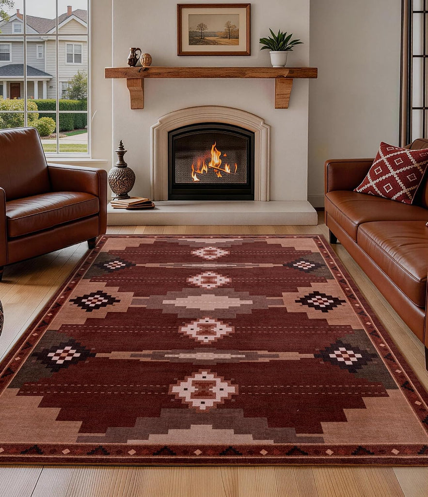 Washable Western Red Aztec Area Rug