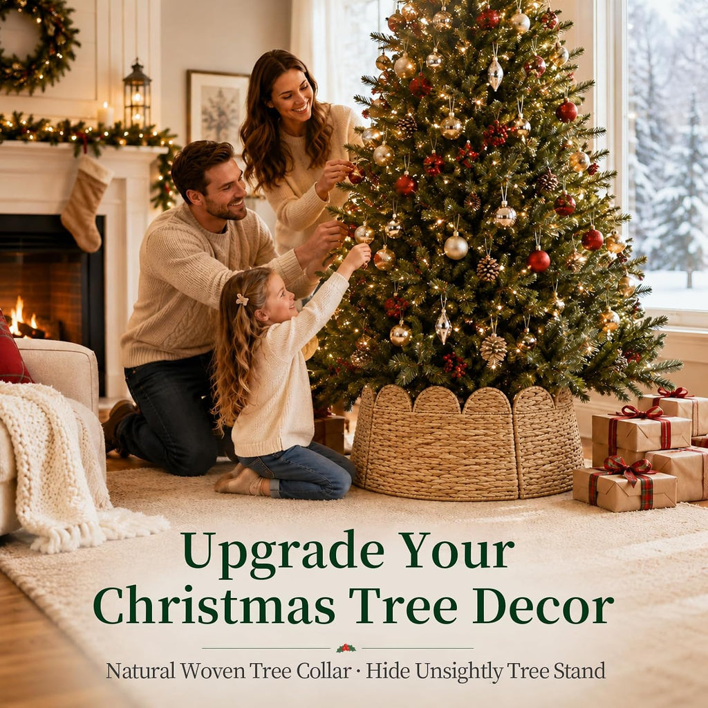 Christmas Tree Collar, 28" Woven Hyacinth Tree Base Cover with Cord Cut-Out