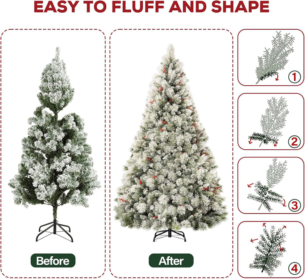 Prelit Flocked Christmas Tree with Pine Needle and Brerries
