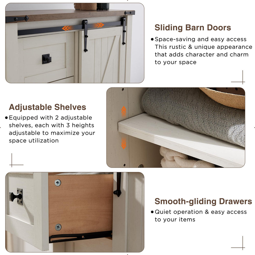 5 Drawers with Sliding Barn Doors, Antique White