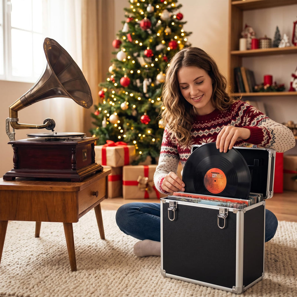 Vinyl Record Storage Box Holds 30 LPs for 7/10/12 Inch Records, a Lockable Aluminum Crate & Record Holder for