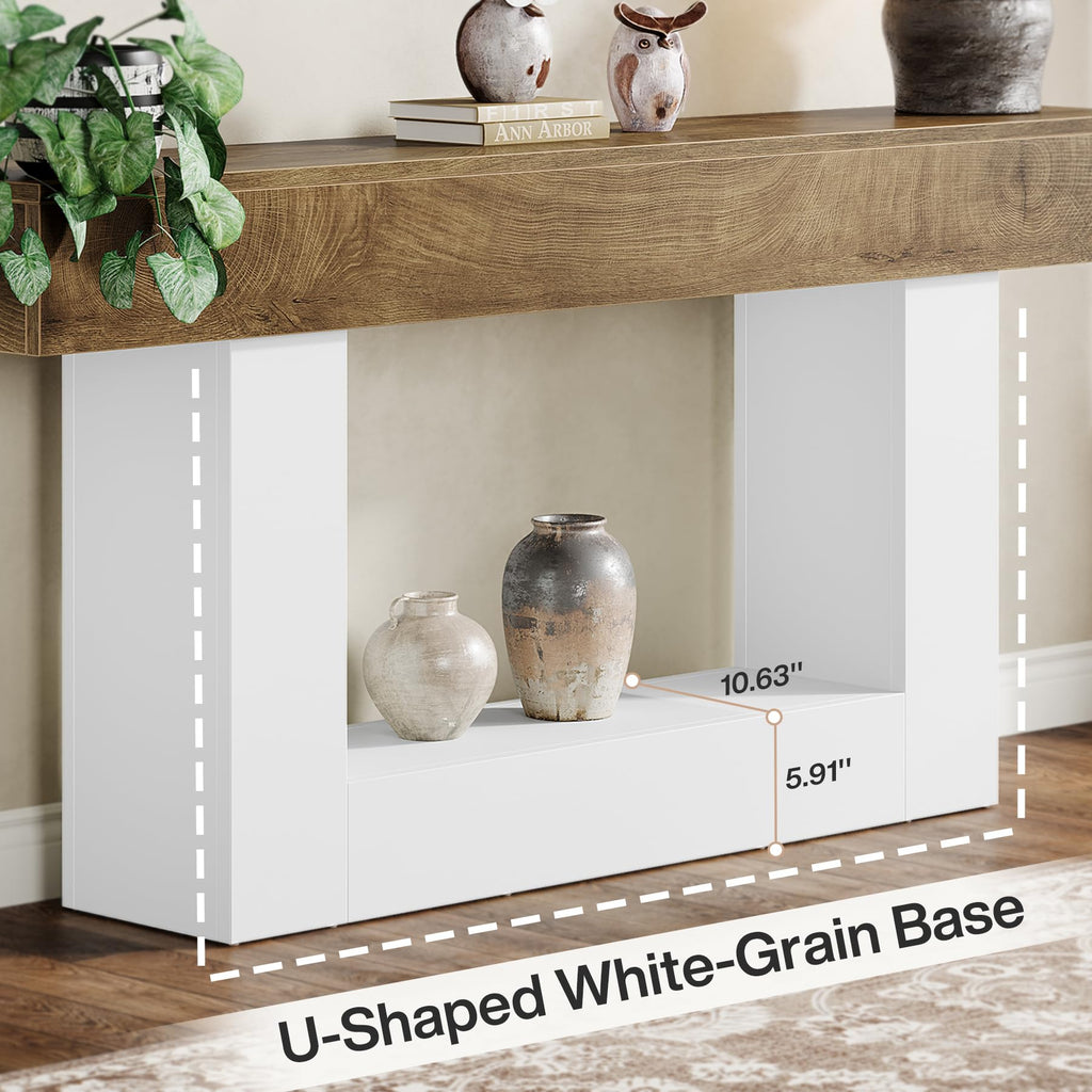 63" Console Table, Farmhouse 2-Tier Entryway Table with U-Shaped Base, Narrow Long Wood Sofa Table Behind Couch Table