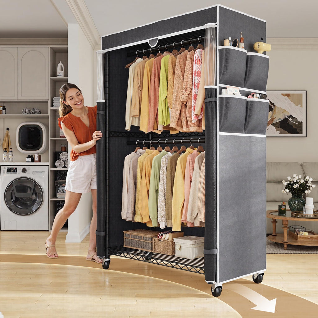 Clothes Rack with Cover, Rolling Portable Closet, 2 Rods & 2 shelves