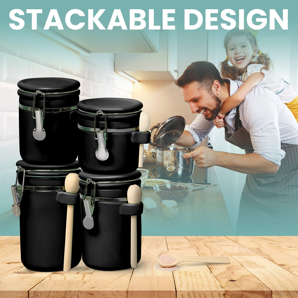 4-Piece Ceramic Kitchen Canisters Set, Airtight Containers with Wooden Spoons Reusable Chalk Labels and Marker for