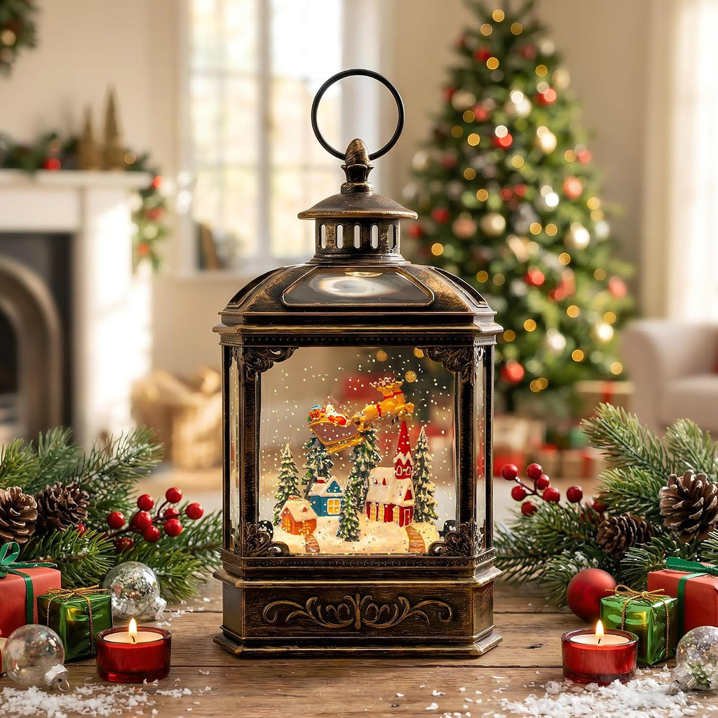 Christmas Snow Globe Swirling Glittering Lantern Santa Flying with Reindeer, USB Lined/Battery Operated Lighted Water