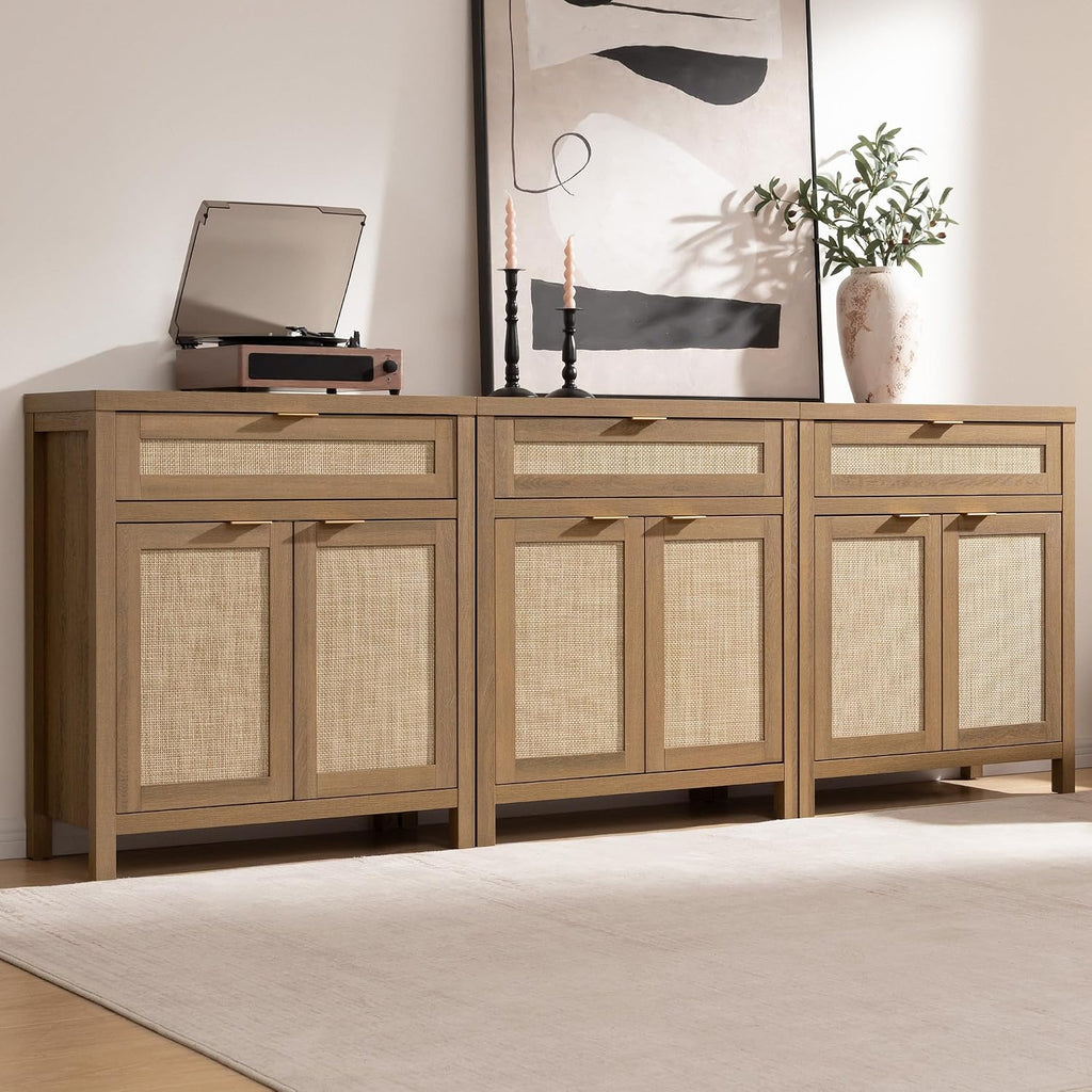 Buffet Cabinet Sideboard with Storage, Rattan Accent Cabinet | 2 Doors, a Drawer, Boho Credenzas Farmhouse Buffet