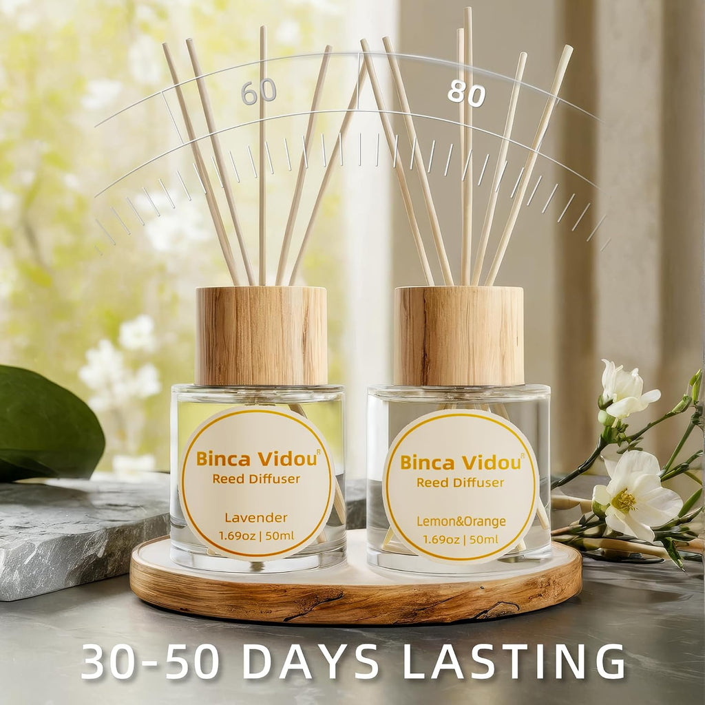 Reed Diffuser Set, Lavender Orange & Lemon Natural Scent Oil Diffusers with Sticks Bathroom Aromatherapy Decor 1.69oz - Set of 2