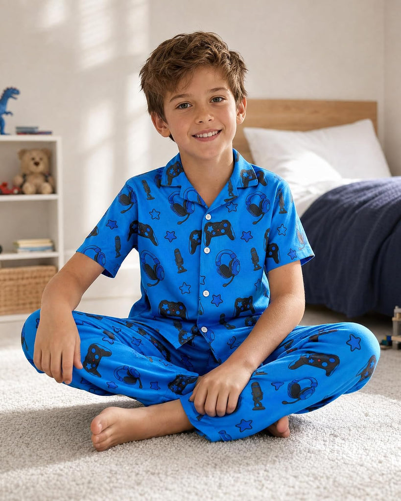 Boys Pajamas 2 Piece Set Big Boys Pjs Button Down Short Sleeve and Pants Kids Sleepwear Loungewear