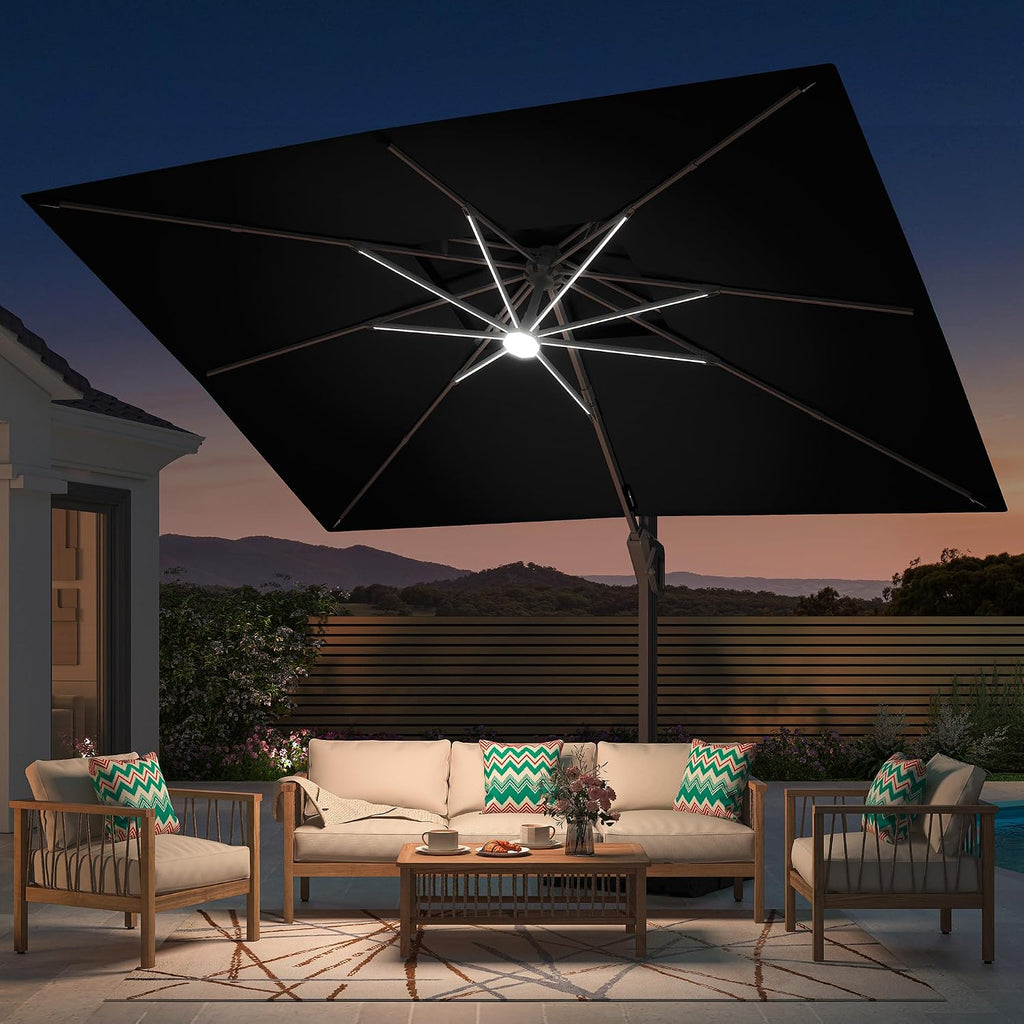 9' X 12' Patio Umbrella with LED Lights Outdoor Cantilever Large Rectangle Offset Umbrellas Heavy Duty Aluminum Double