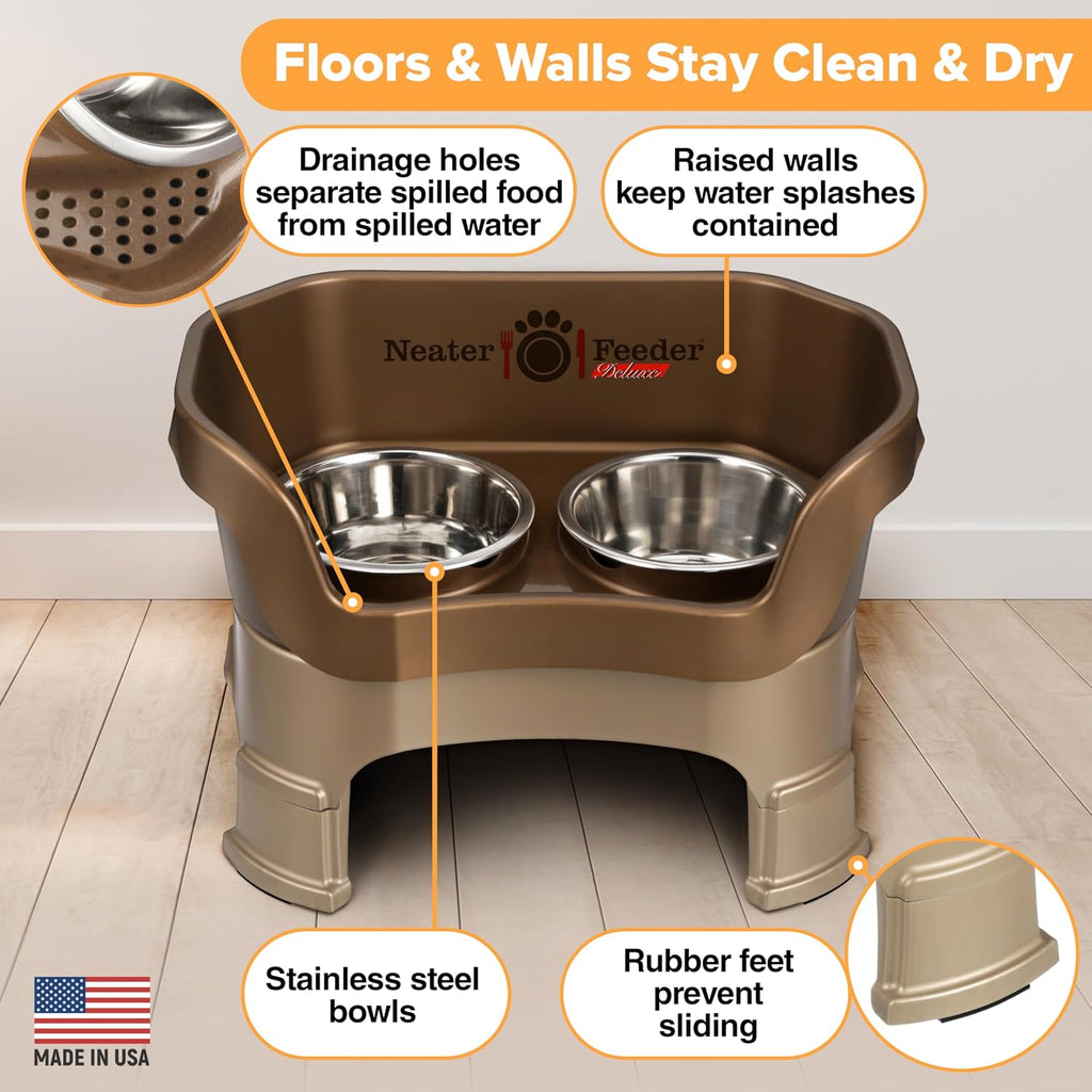 Feeder Deluxe Mess-Proof Elevated Dog Bowls for Medium Dogs (19-40 lbs), 2 Height Adjustable (10" & 12.5") No-Spill