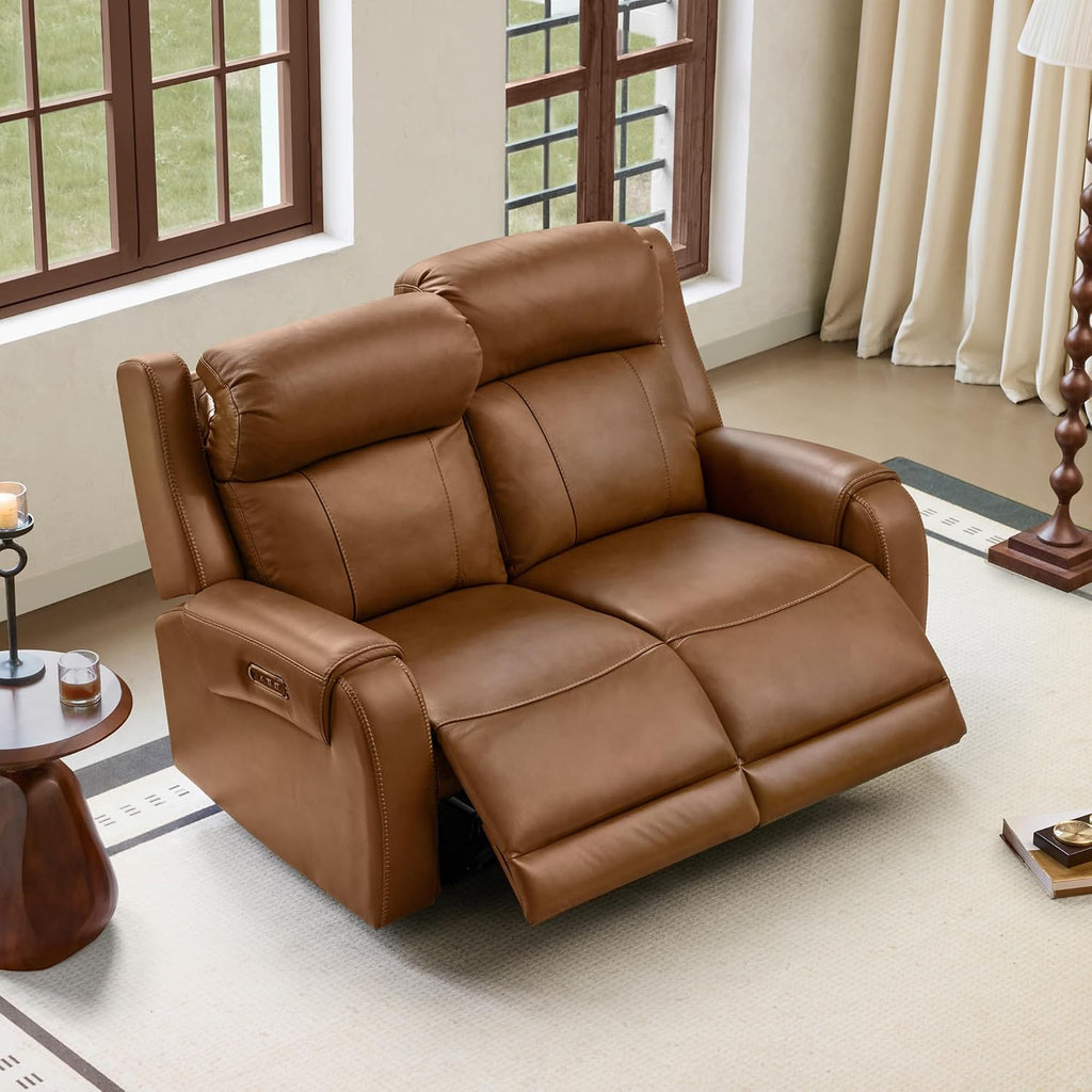 Genuine Leather Power Recliner Sofa, Wall Hugger Reclining Loveseat with Power Headrest, Dual Motor, USB Charging